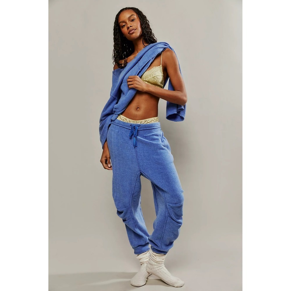 Free People Intimately High Rise Cozy Blue Fleece Joggers L Blue Drawstring